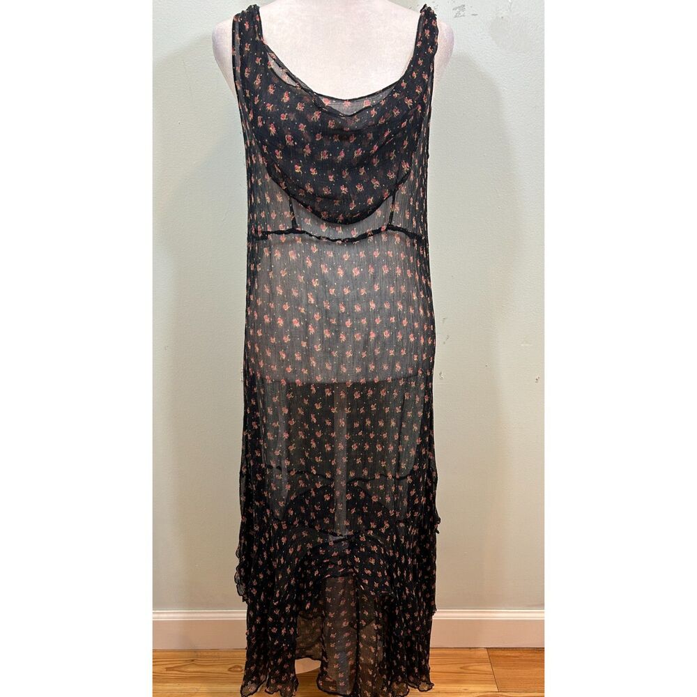 VTG April Cornell Sheer Black Floral Dark Fairy Ruffle Maxi Dress Size M Goth